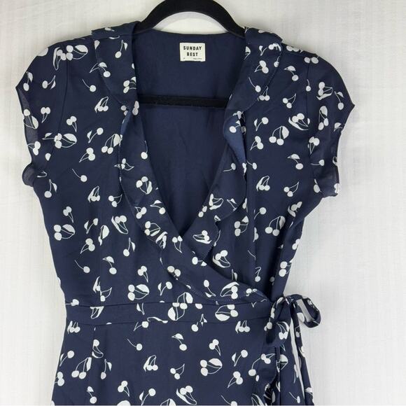 Sunday Best White Cherry Print Navy Blue Ruffle Wrap Dress Size 00 Dainty Girly - Picture 2 of 9